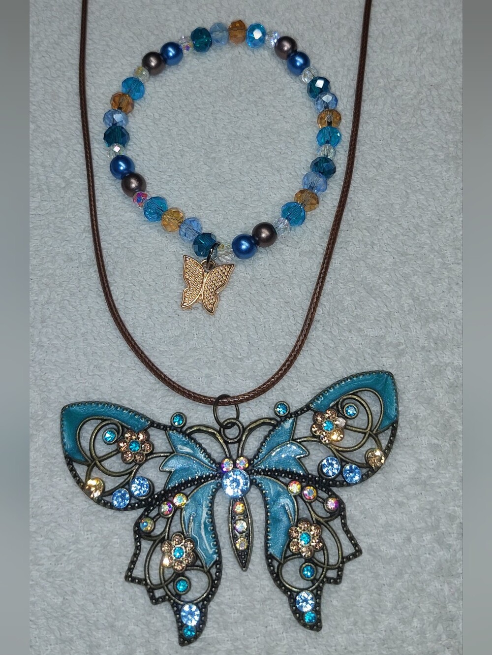 Handmade Blue Butterfly Pendant Necklace and Beaded Bracelet Set
